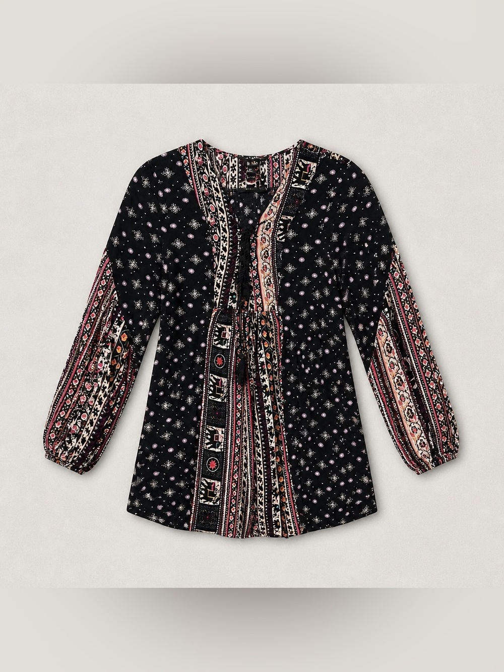 MINKPINK Black Tunic with Pink and Cream Folk Floral Print